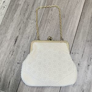 Vtg ADG Imports Beaded White Kiss Lock Evening Bag Gold Handle W/ Coin Purse